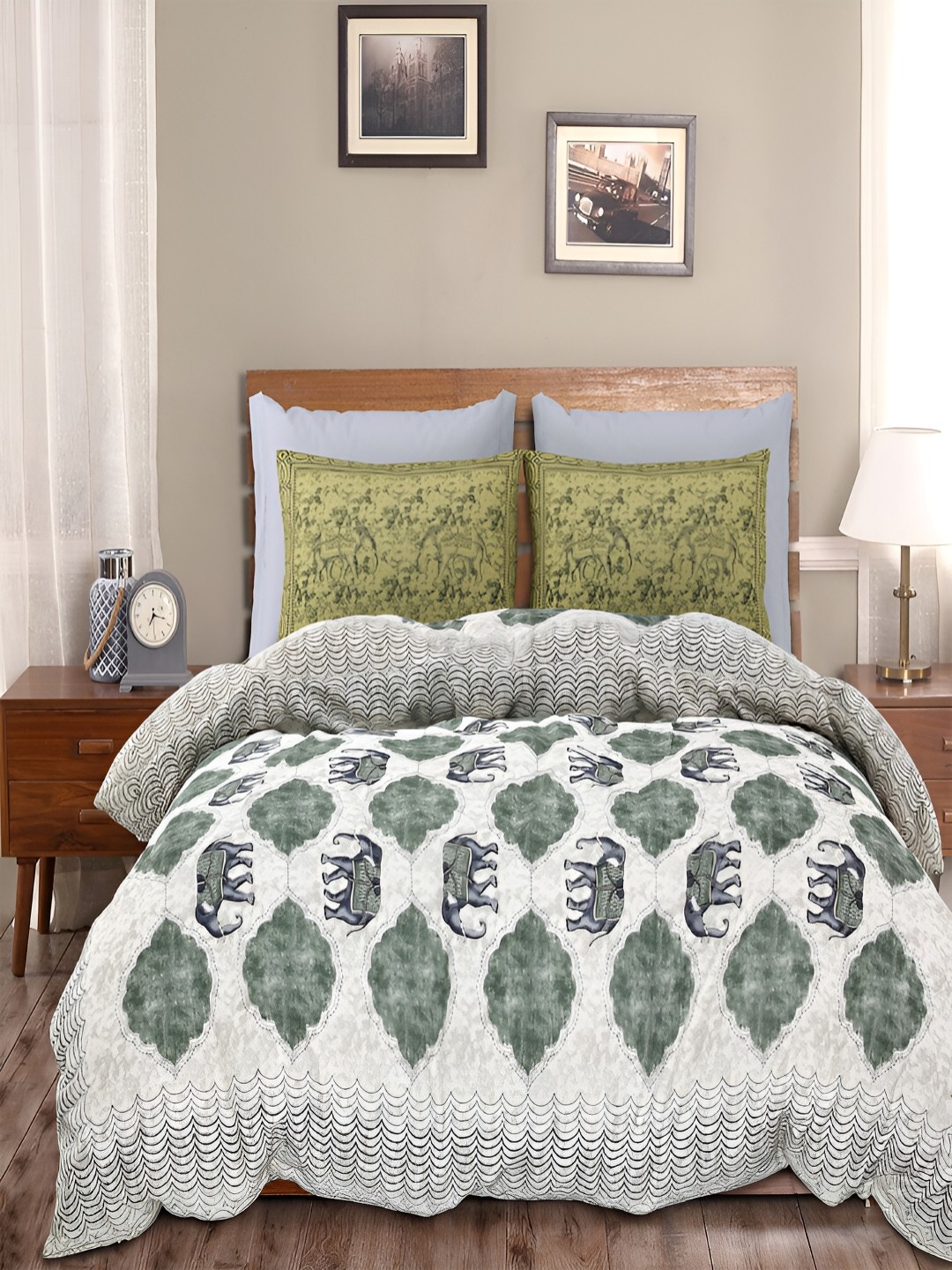 

Kuber Industries Grey & Green Graphic 160 TC Cotton King Bedsheet with 2 Pillow Covers
