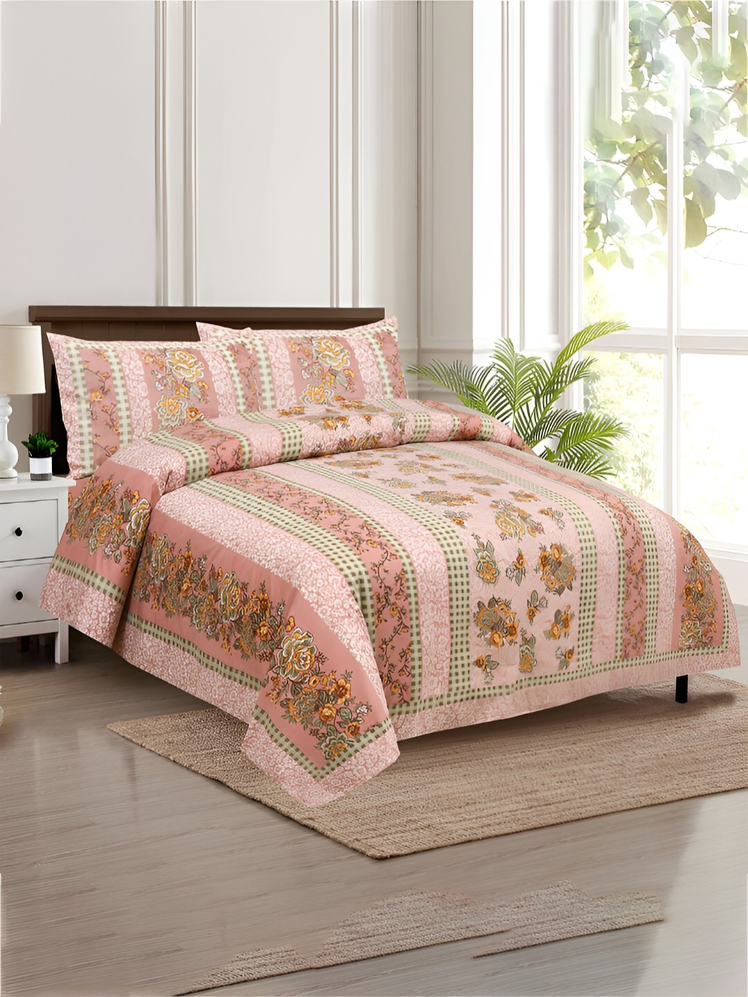 

Kuber Industries Pink & Orange 160 TC Cotton King Bedsheet with 2 Pillow Covers