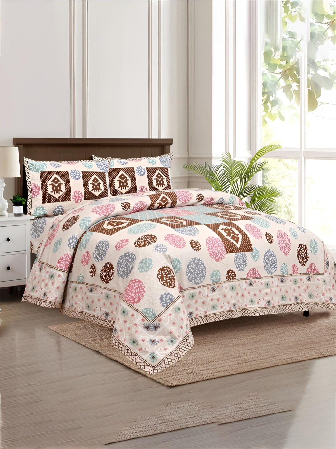 

Kuber Industries Cream & Brown Graphic 160 TC Cotton King Bedsheet with 2 Pillow Covers