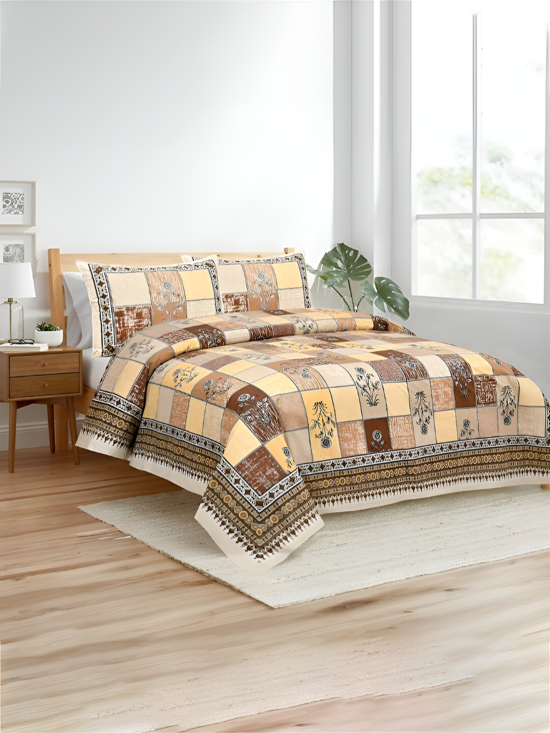 

Kuber Industries Brown & Yellow Graphic 160 TC Cotton King Bedsheet with 2 Pillow Covers