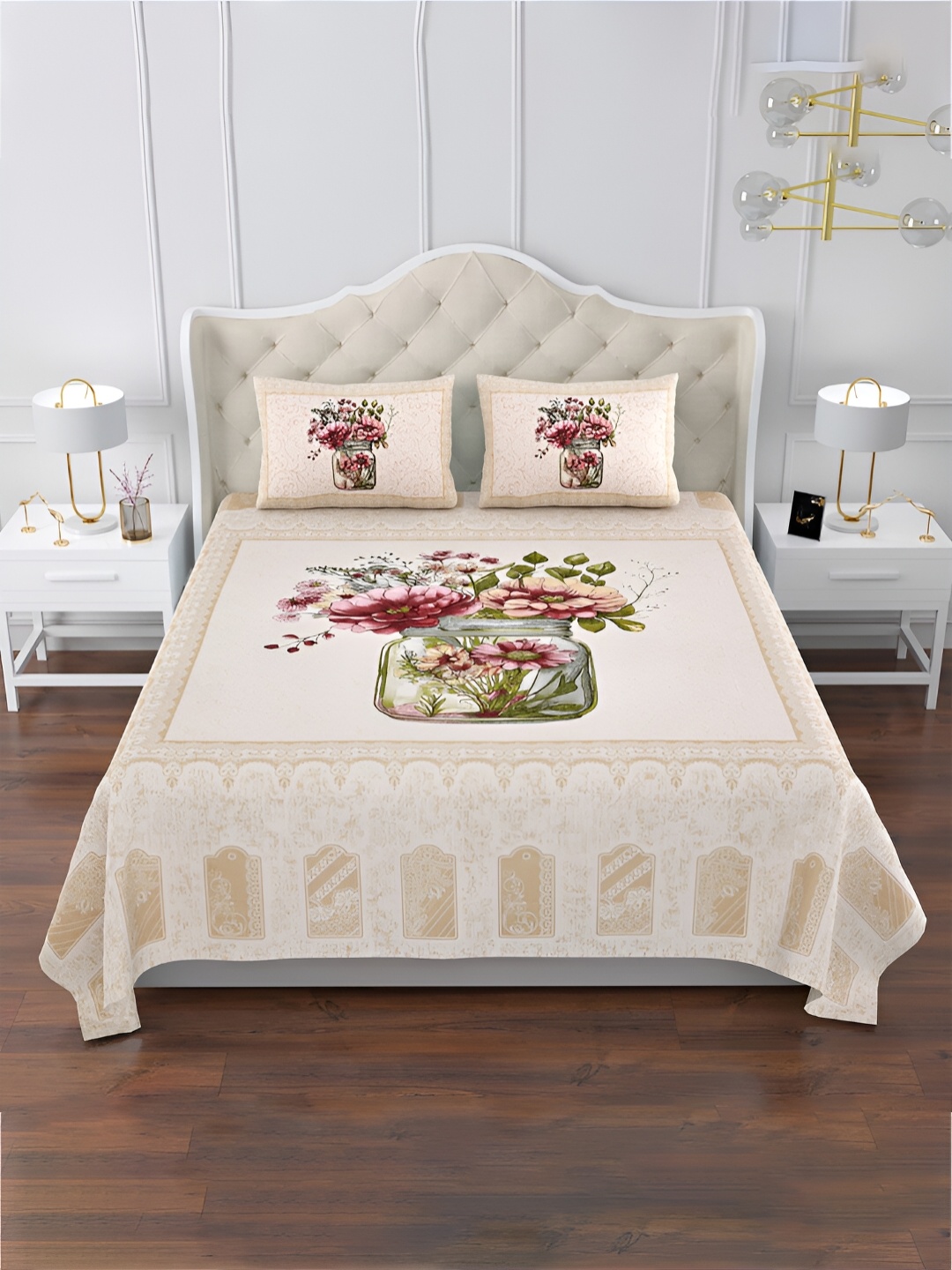 

Kuber Industries Cream & Pink 160 TC Cotton King Bedsheet with 2 Pillow Covers