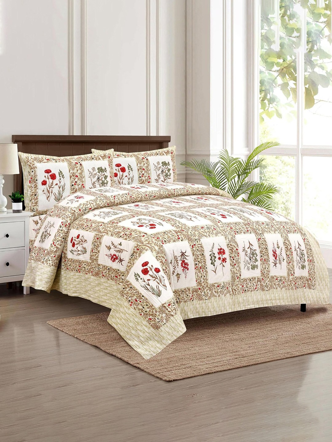 

Kuber Industries Green & Red Floral 160 TC Cotton King Bedsheet with 2 Pillow Covers