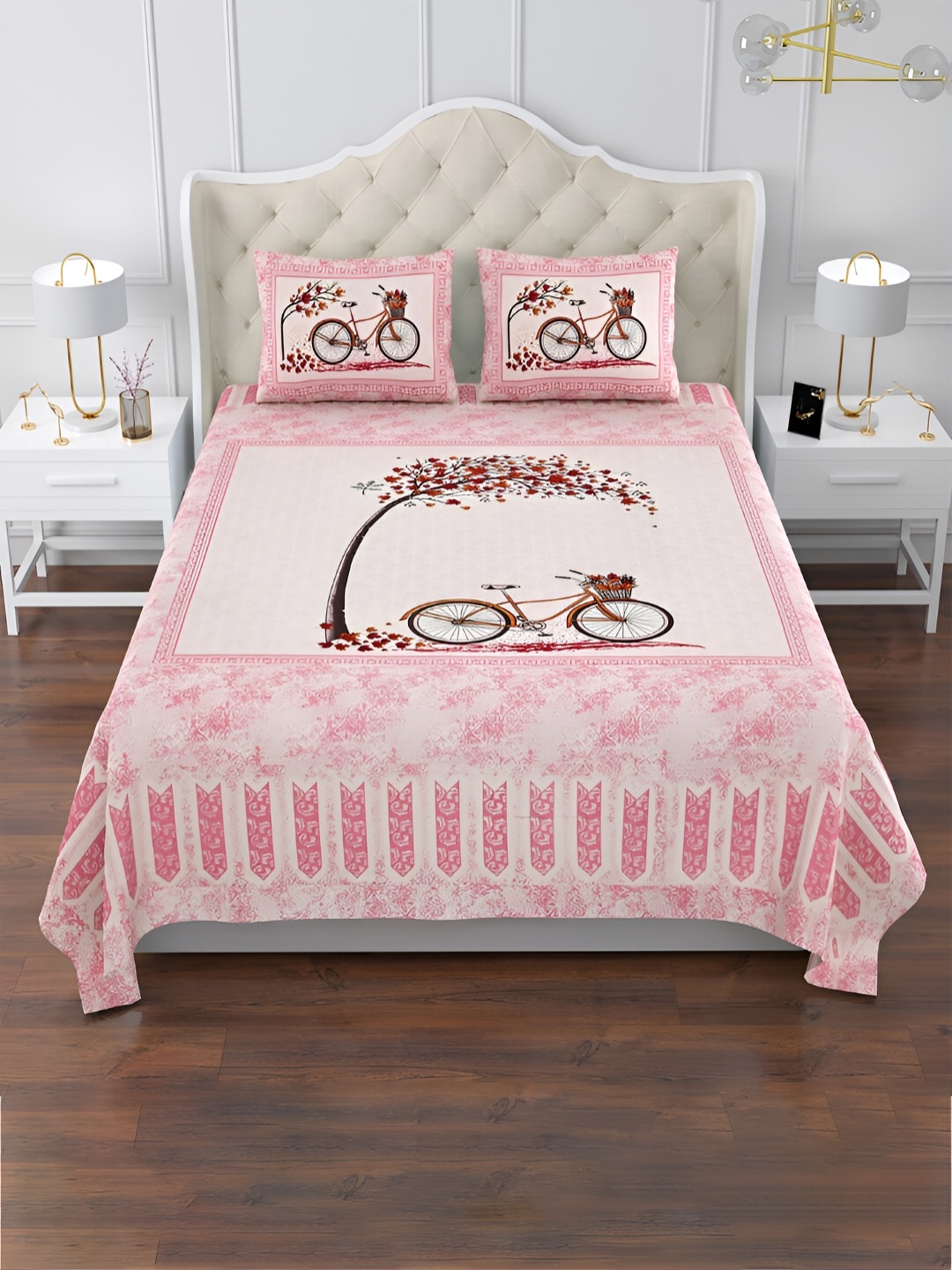 

Kuber Industries Pink & Black Graphic Cotton 160 TC King Bedsheet with 2 Pillow Covers