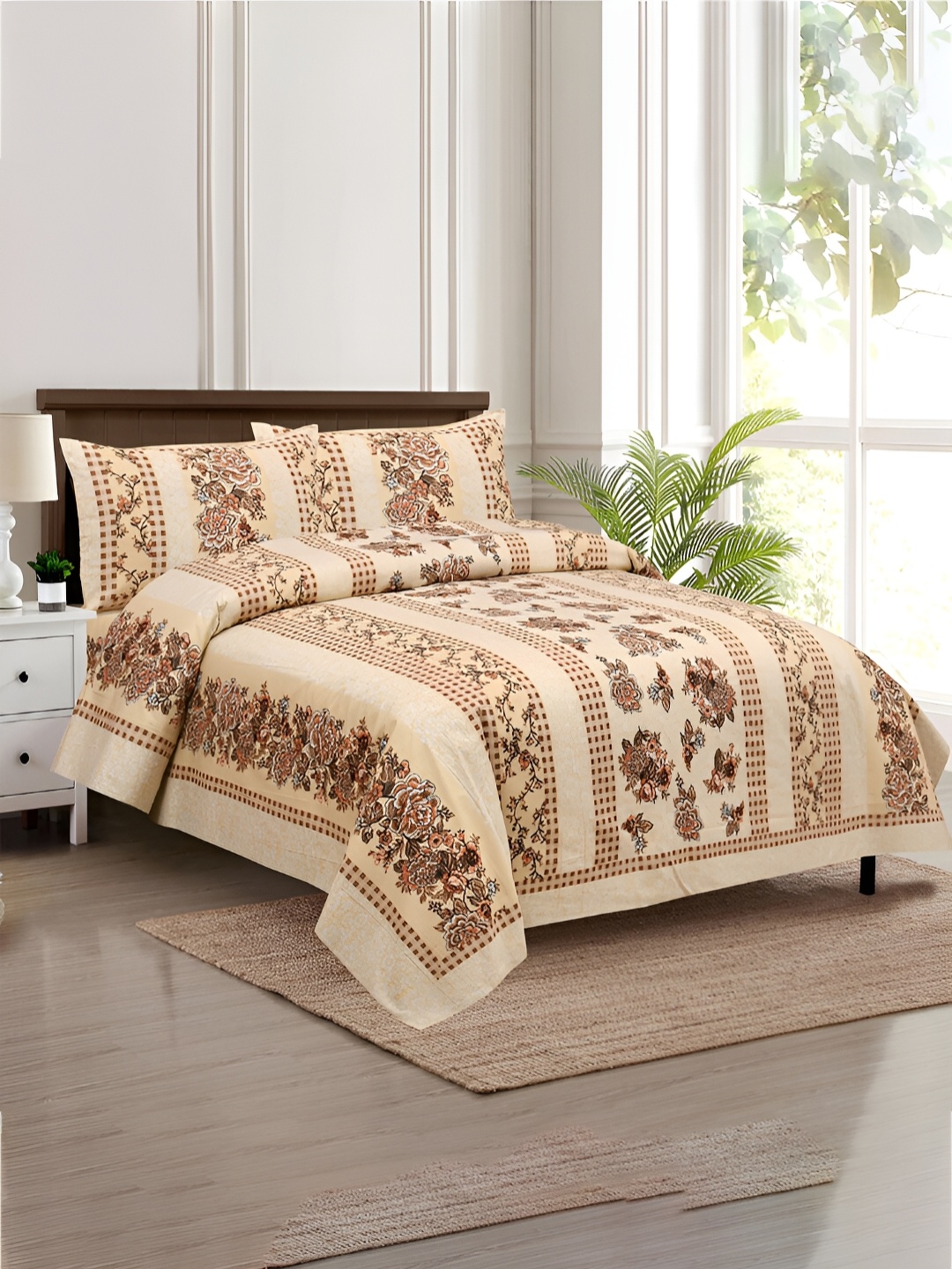 

Kuber Industries Cream & Brown Cotton Graphic 160 TC King Bedsheet with 2 Pillow Covers