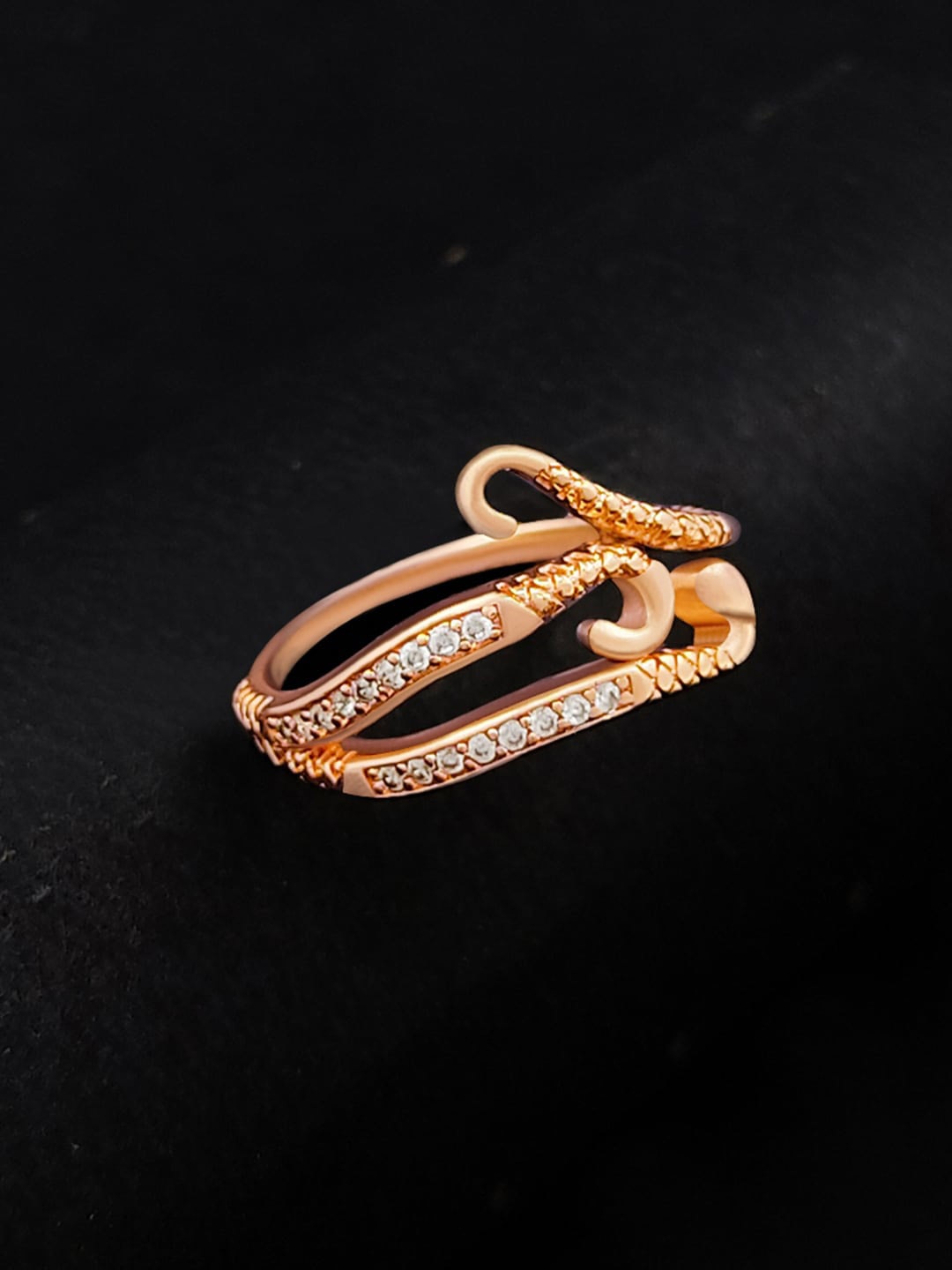 

Saizen Stainless Steel Rose Gold Plated Cubic Zirconia Studded Finger Ring