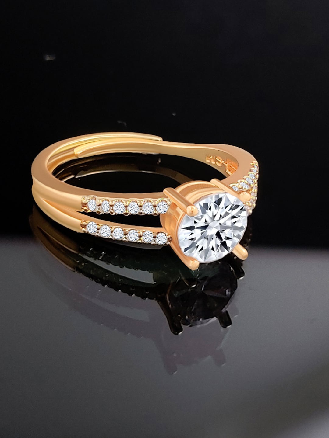 

Saizen Stainless Steel Rose Gold-Plated American Diamond Studded Adjustable Finger Ring