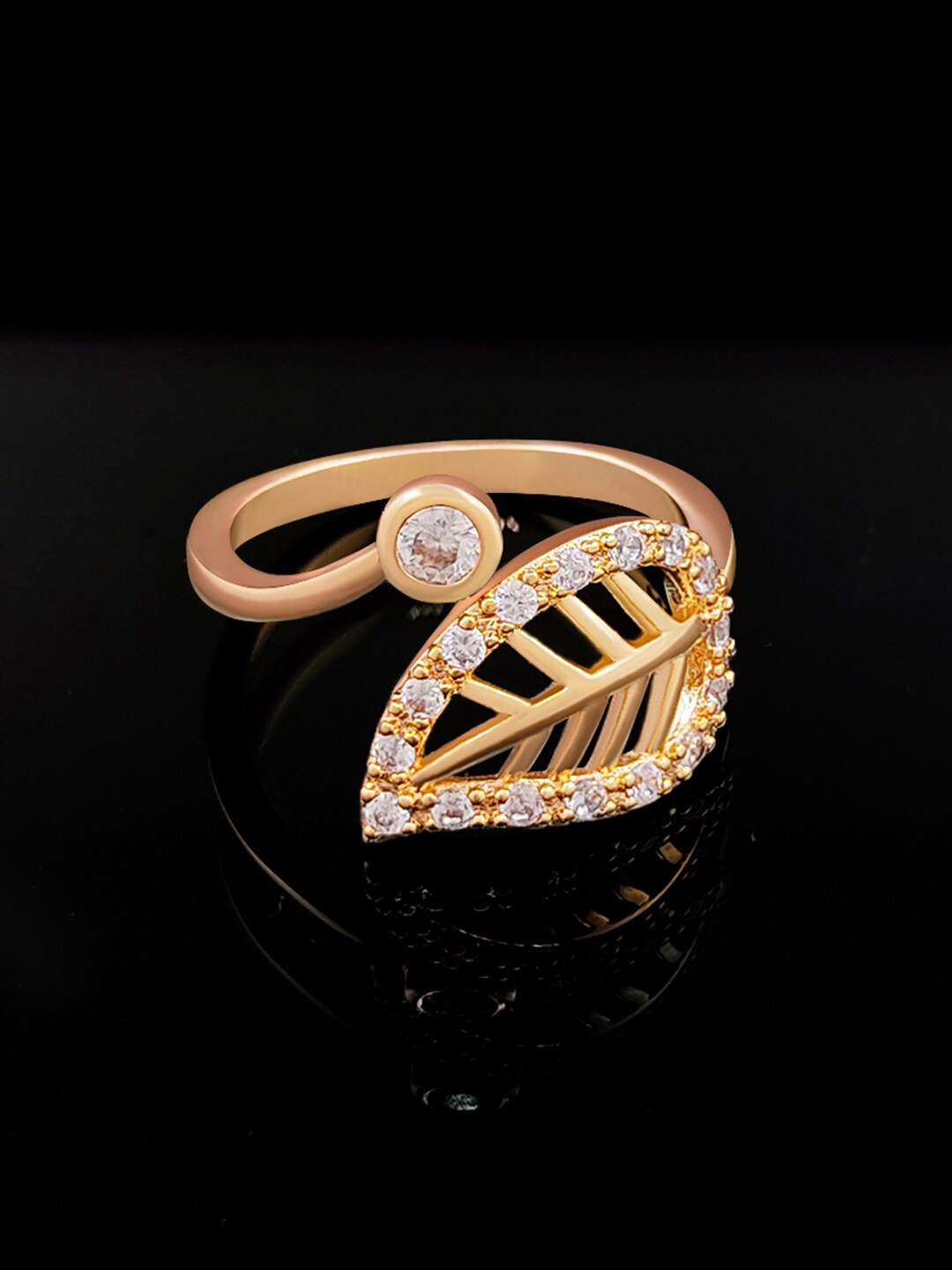 

Saizen Stainless Steel Rose Gold-Plated American Diamond Studded Adjustable Finger Ring