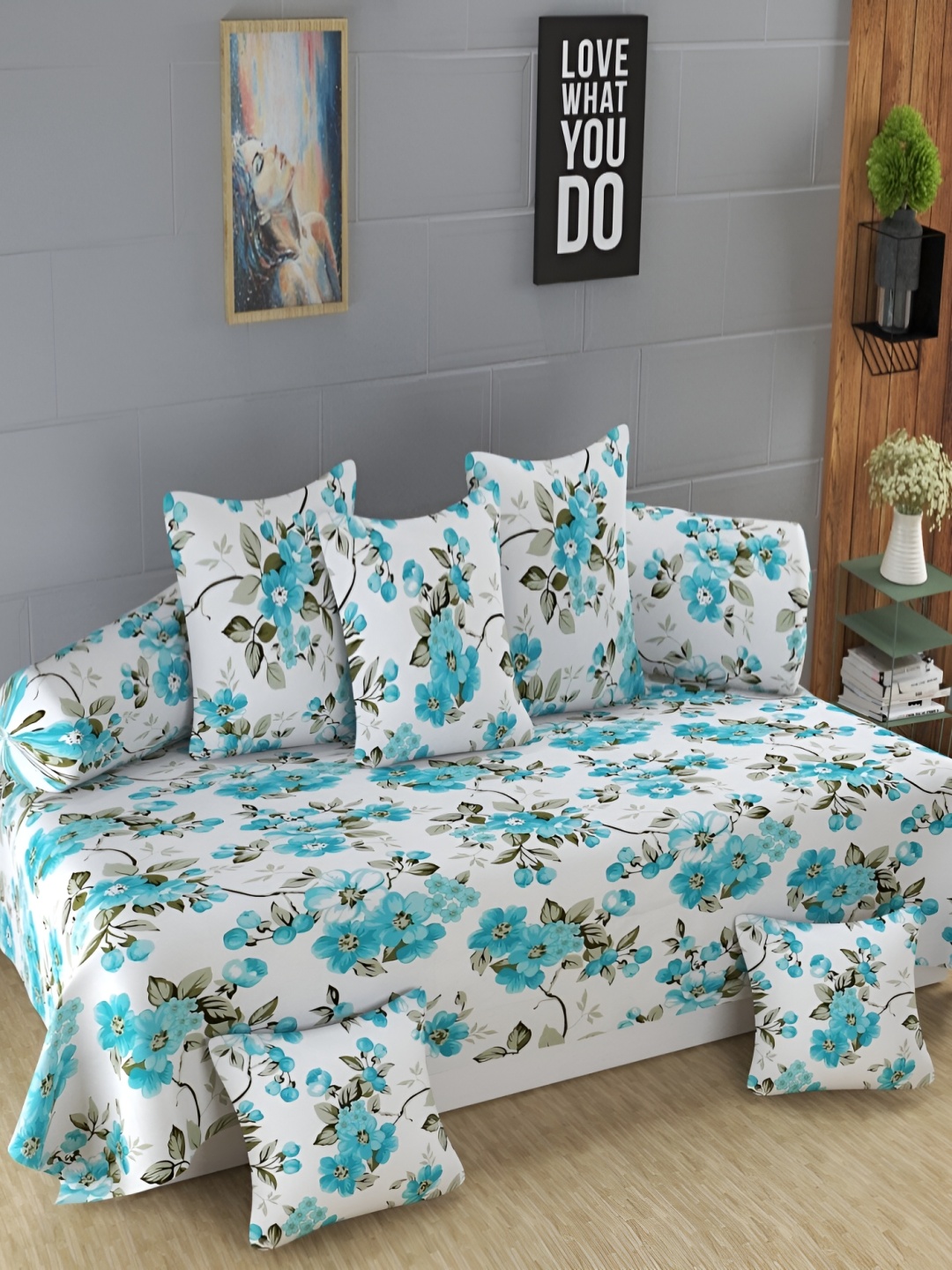 

Homefab India 8 Pieces White & Blue Floral Printed 180 TC Diwan Set