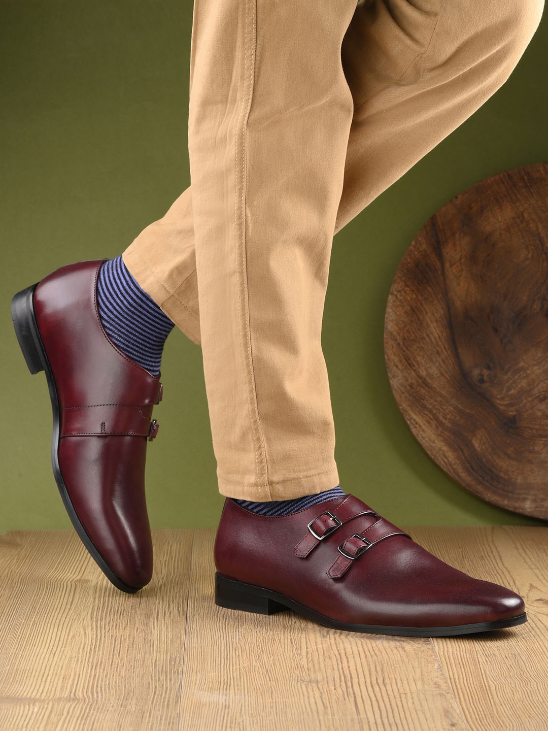 

House of Pataudi Men Leather Slip On Monk Shoes, Maroon