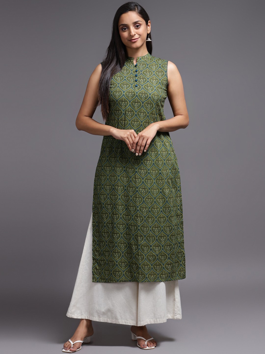 Cora Printed Pure Cotton Straight Kurta, Green