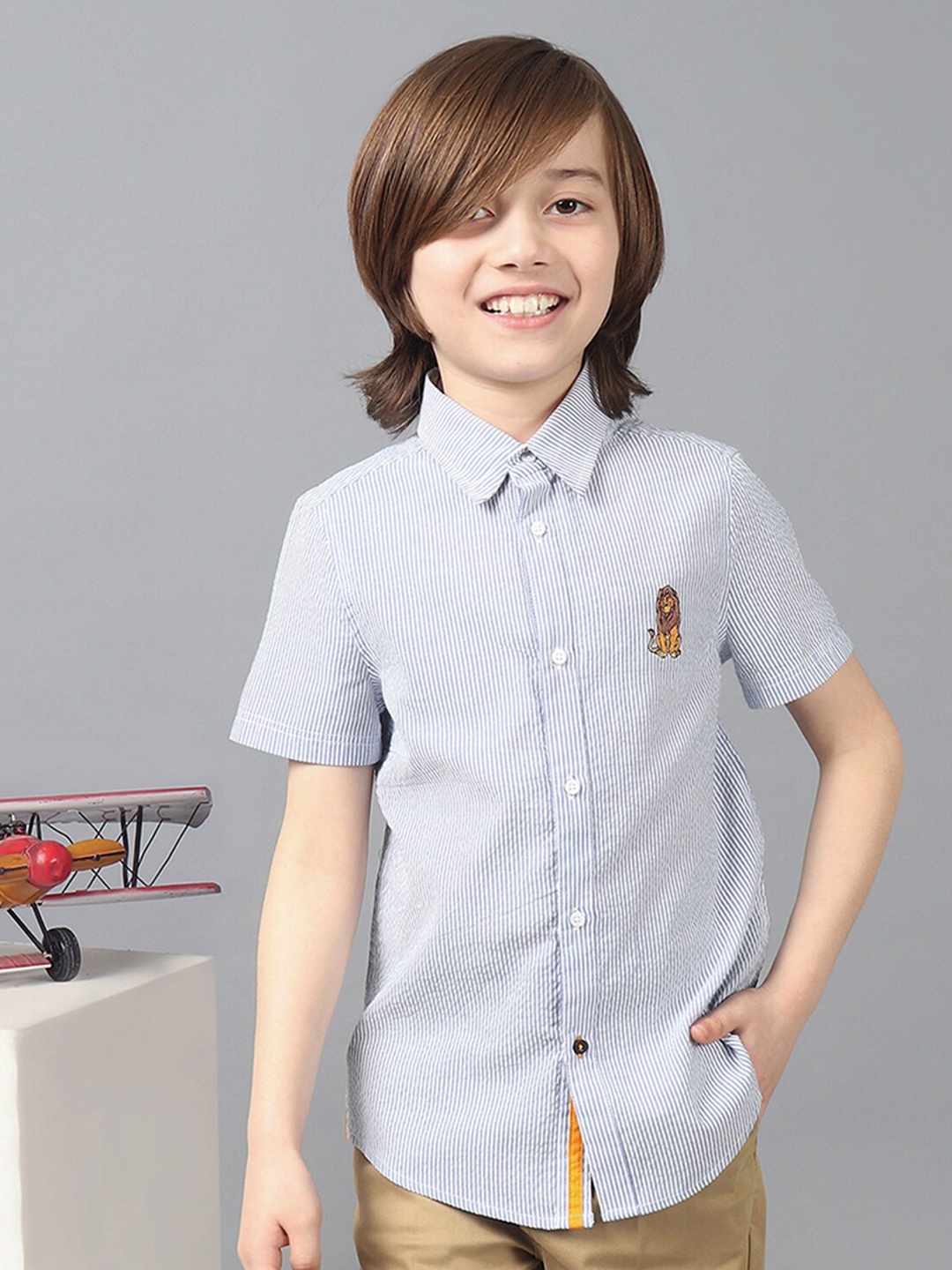 

One Friday Boys Comfort Pinstripes Striped Casual Shirt, Blue