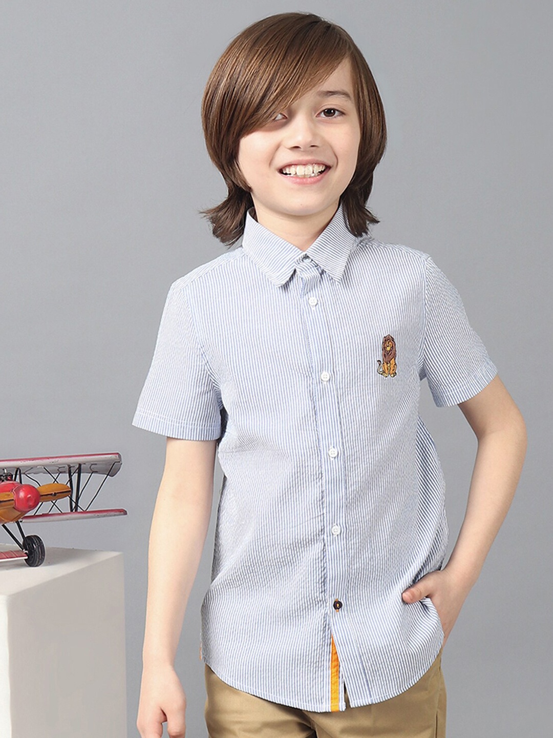 

One Friday Boys Comfort Pinstriped Cotton Casual Shirt, Blue