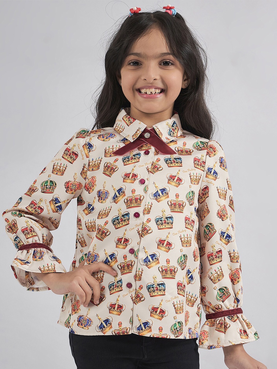 One Friday Girls Comfort Conversational Printed Casual Shirt, Beige