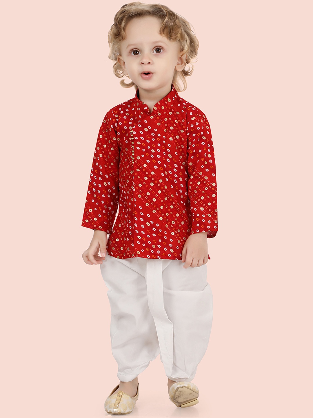 

Ethniks Neu-Ron Boys Bandhani Printed Angrakha Pure Cotton Kurta with Dhoti Pants, Red