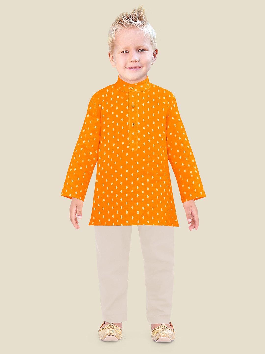 

Ethniks Neu-Ron Boys Ethnic Motifs Woven Design Straight Pure Cotton Kurta With Pyjamas, Yellow