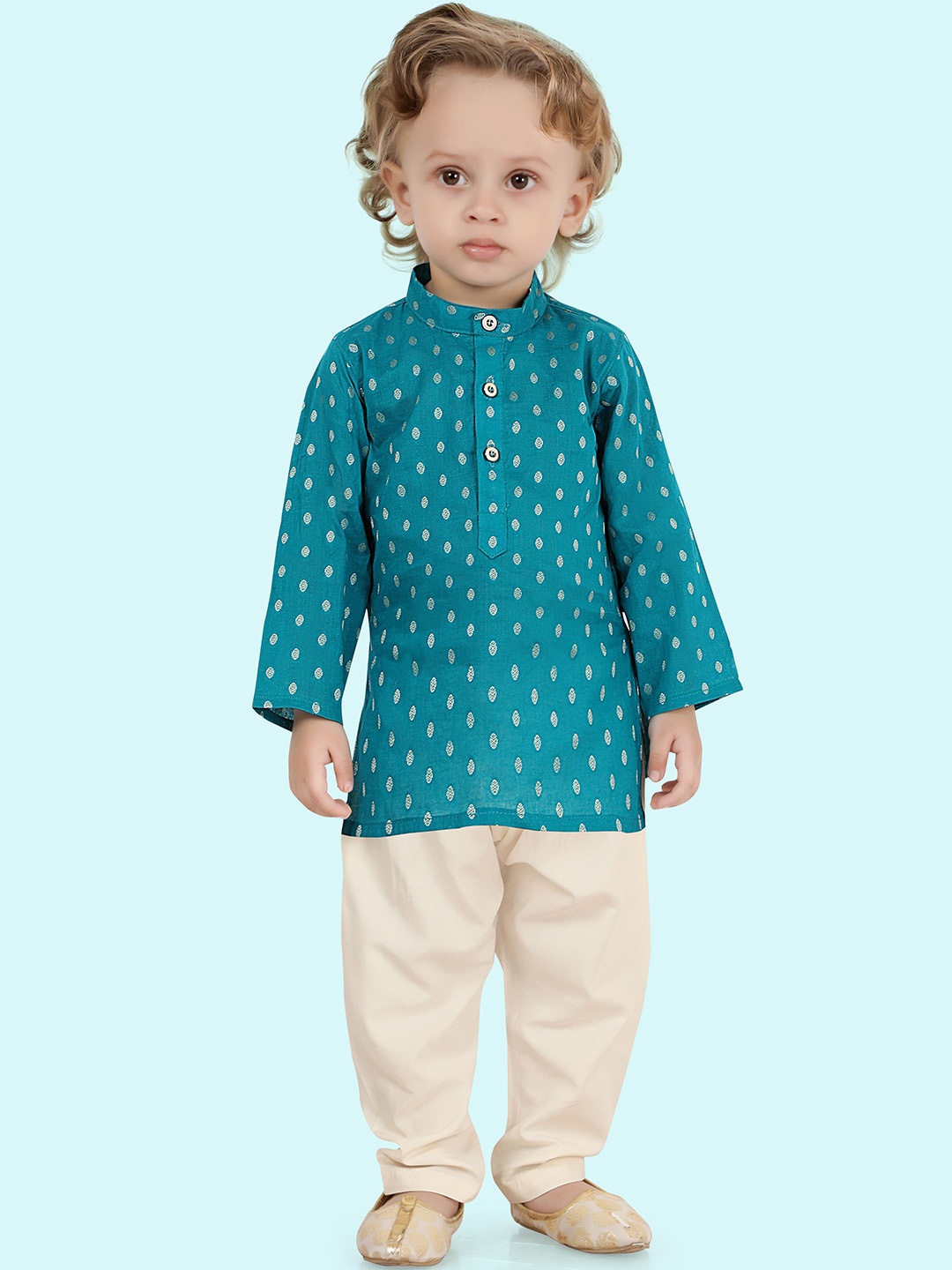 

Ethniks Neu-Ron Boys Ethnic Motifs Printed Pure Cotton Straight Kurta With Pyjamas, Sea green