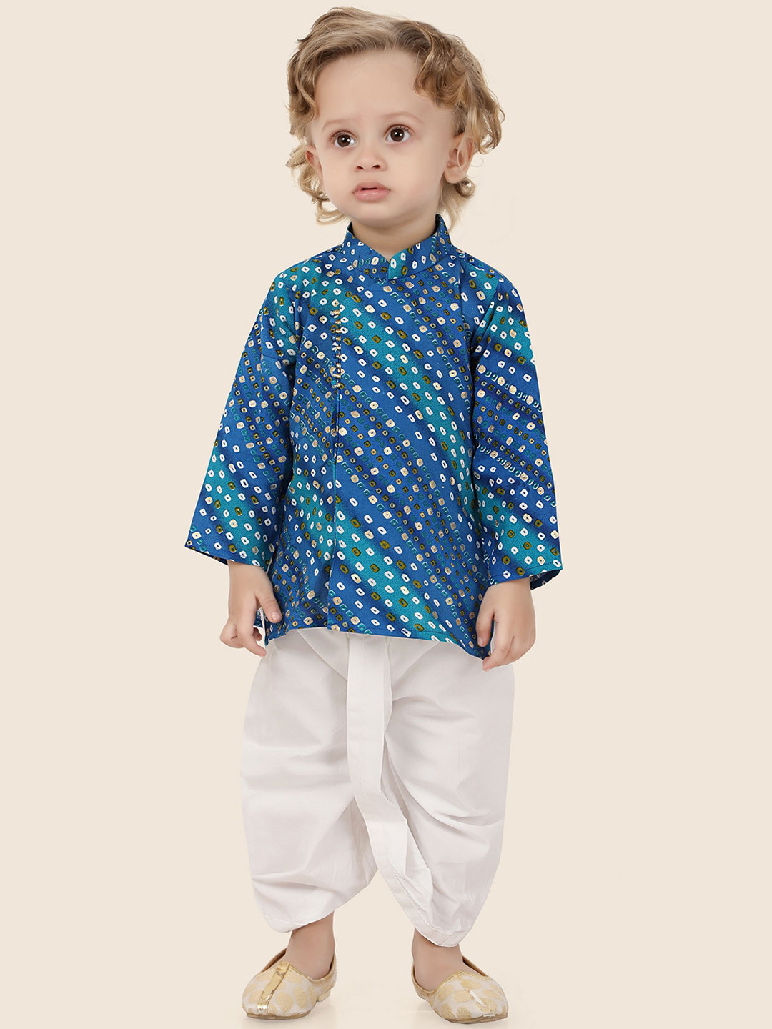 

Ethniks Neu-Ron Boys Bandhani Printed Regular Pure Cotton Kurta with Dhoti Pants, Blue