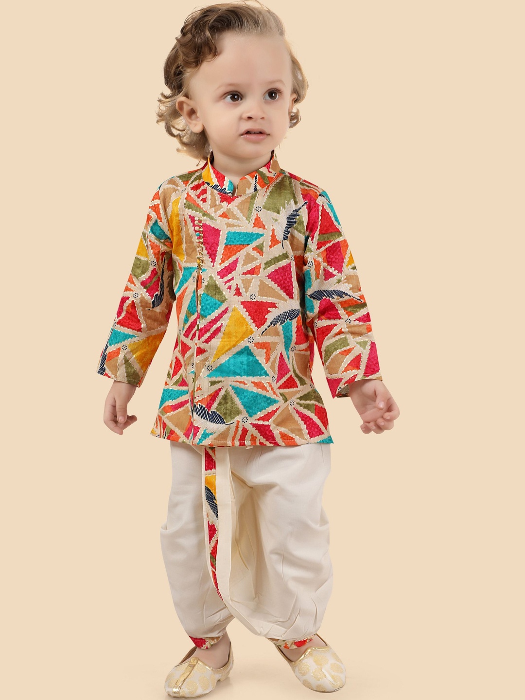 

Ethniks Neu-Ron Boys Ethnic Motifs Printed Pure Cotton Straight Kurta With Dhoti Pants, Yellow