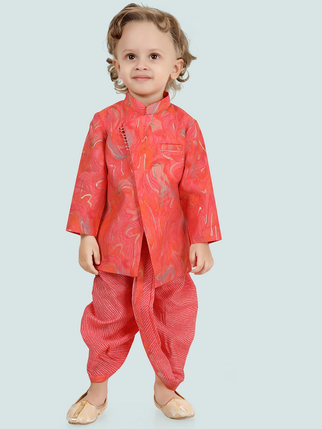 

Ethniks Neu-Ron Boys Quirky Printed Foil Print Pure Cotton Kurta With Dhoti Pants, Orange