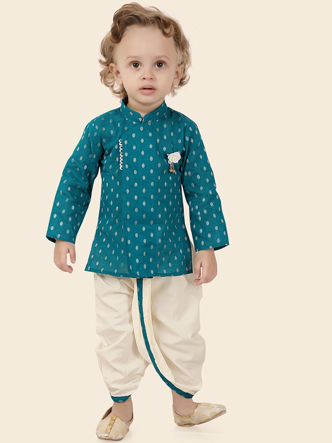 

Ethniks Neu-Ron Boys Geometric Woven Design Pure Cotton Kurta with Dhoti Pants, Sea green