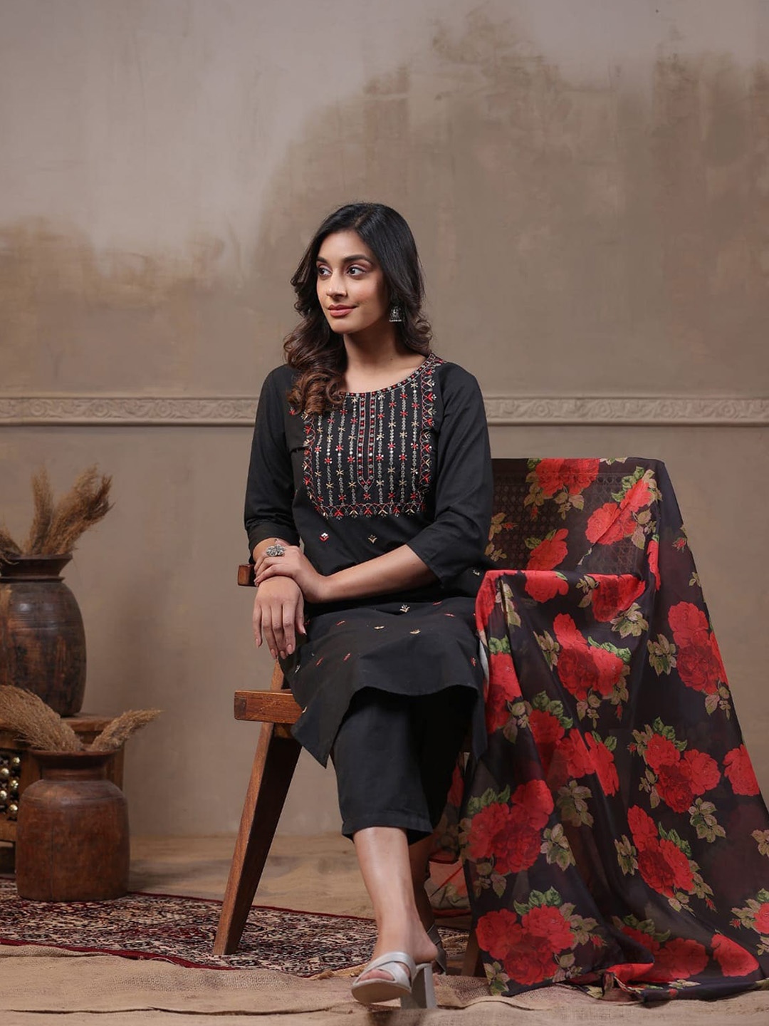 

Sangria Ethnic Motifs Embroidered Sequined Straight Kurta With Trousers & Dupatta, Black