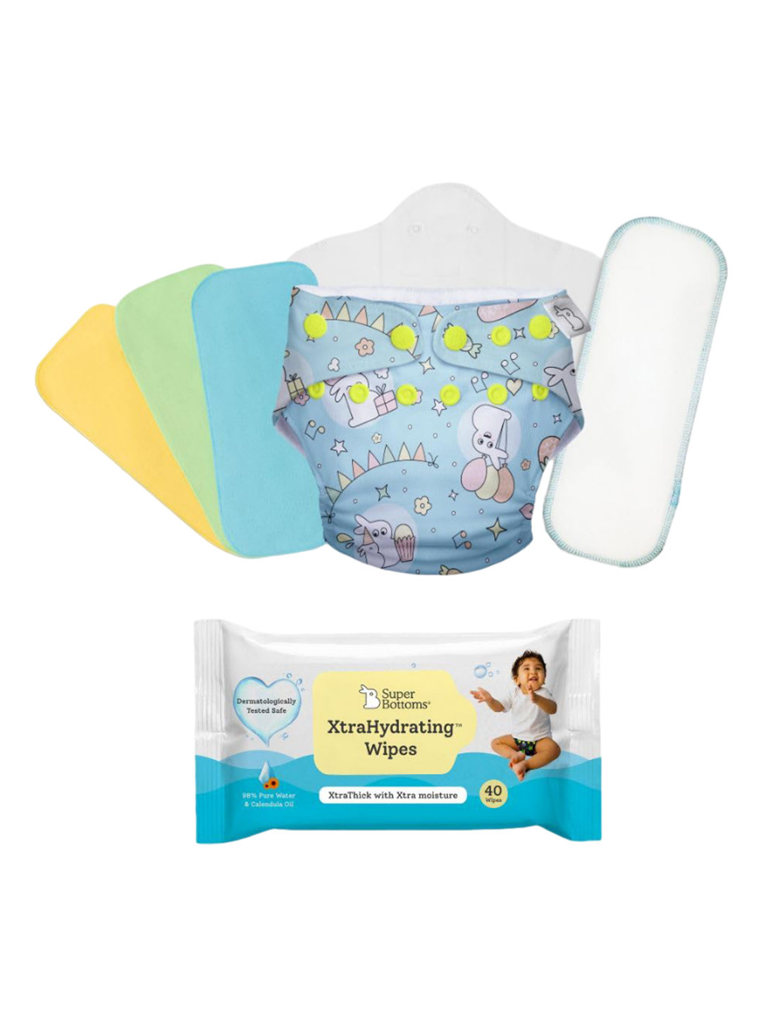 

SuperBottoms Reusable Cloth Diaper With Diaper Insert & XtraHydrating Wipes, Blue