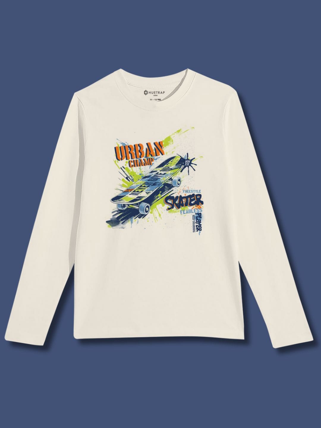 Huetrap Boys Graphic Printed Long Sleeves Cotton T-shirt, Off white