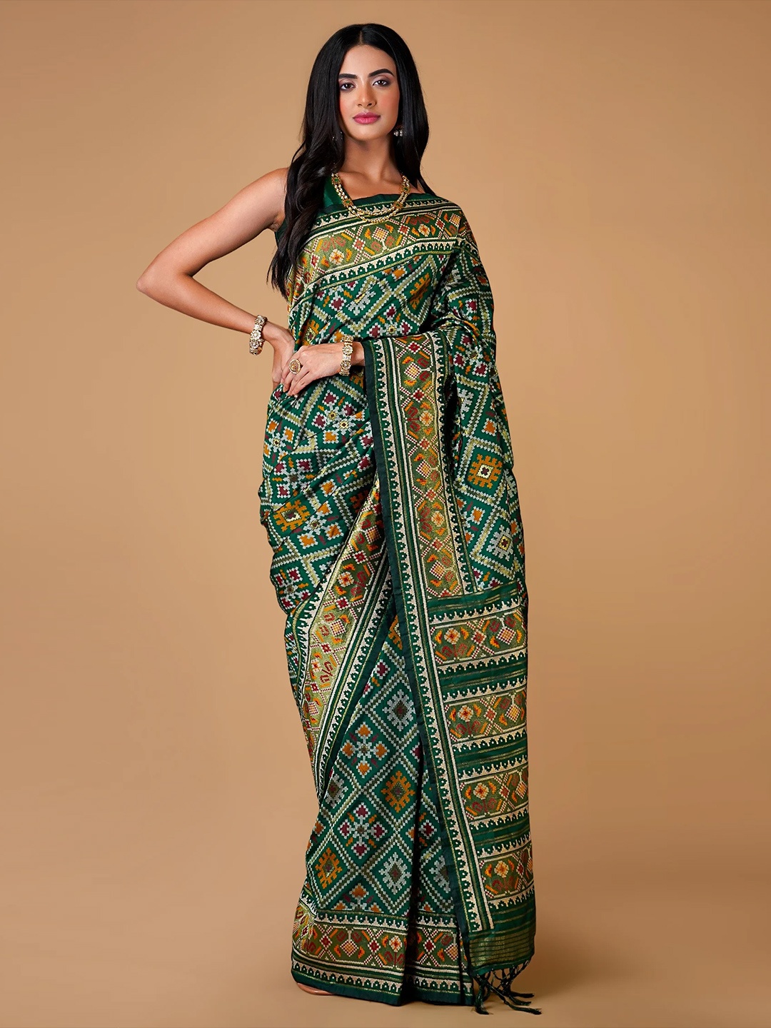 

saree.com Ethnic Motifs Woven Design Art Silk Saree, Green