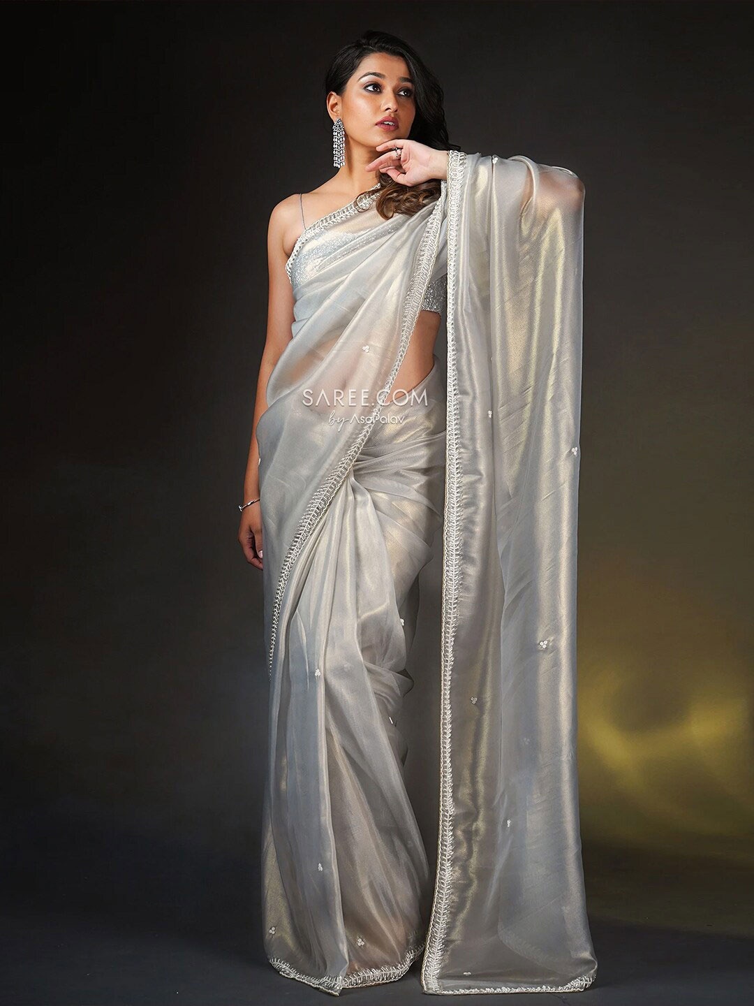 

saree.com Embellished Beads and Stones Saree, Grey