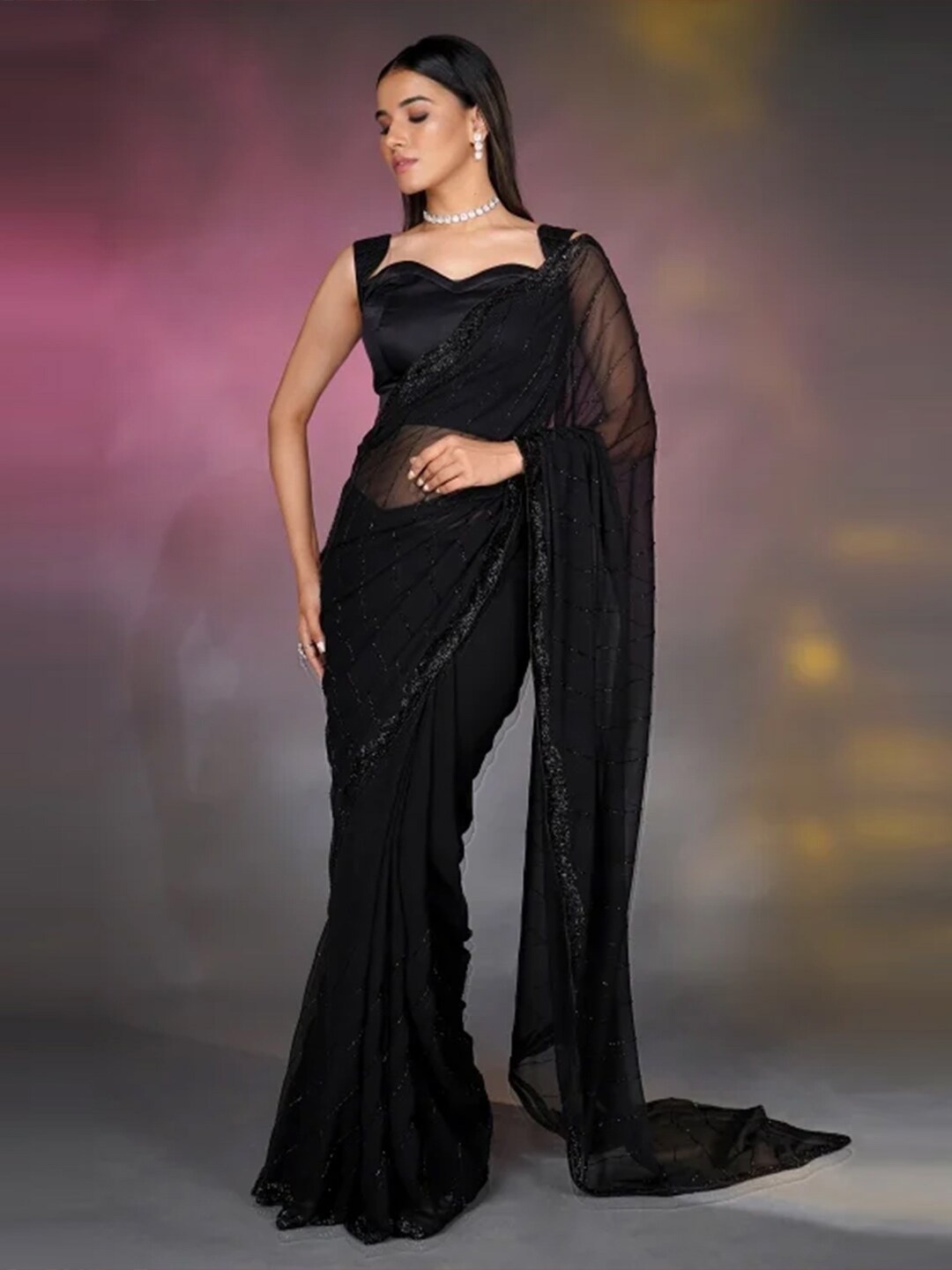 

saree.com Embellished Saree With Unstitched Blouse Piece, Black