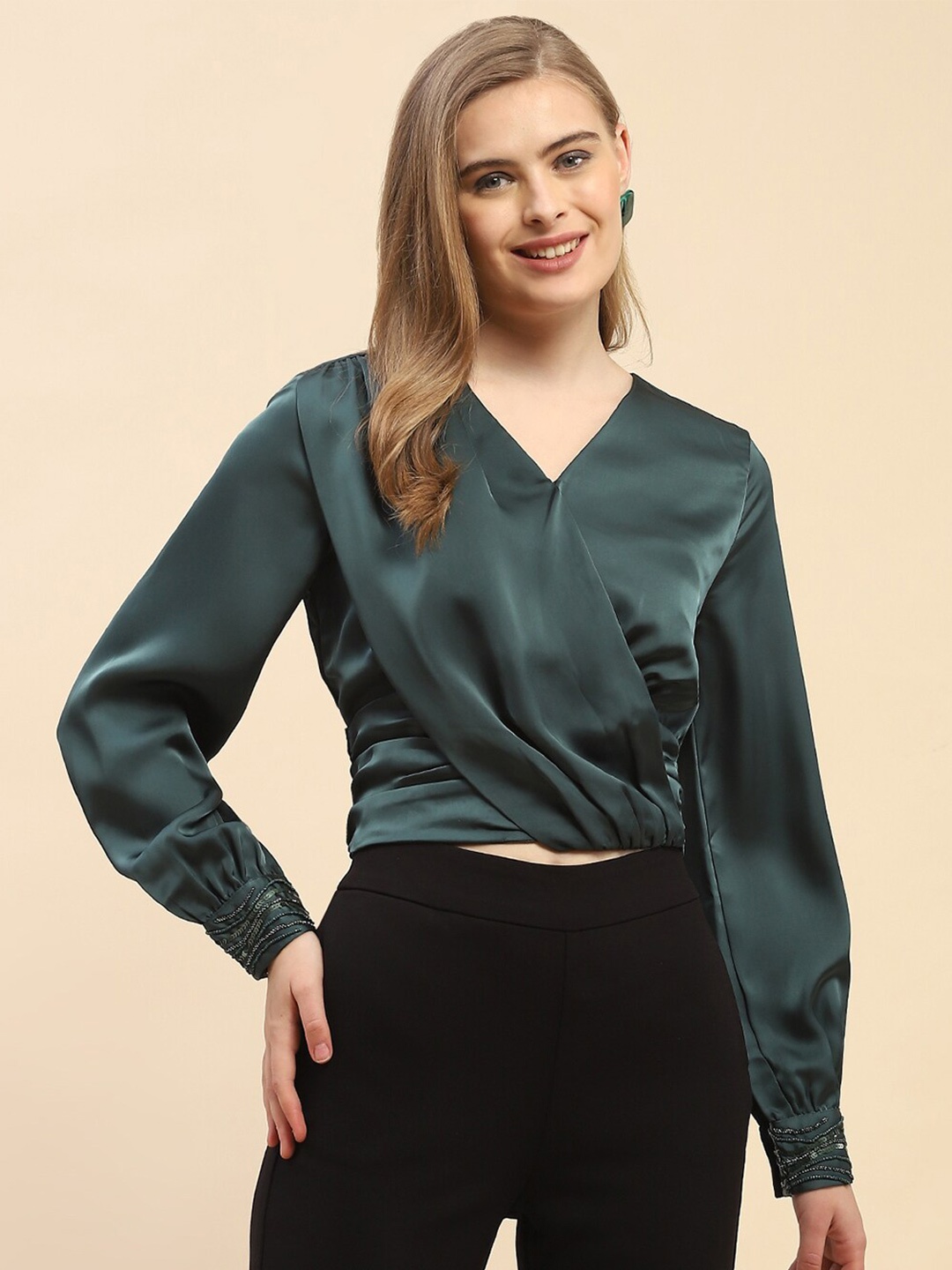 

CAMLA V-Neck Cuffed Sleeves Wrap Crop Top, Green