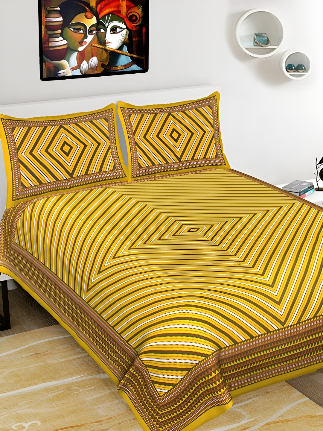 

POORAK Yellow & Brown Striped 104 TC Cotton Queen Bedsheet With 2 Pillow Covers