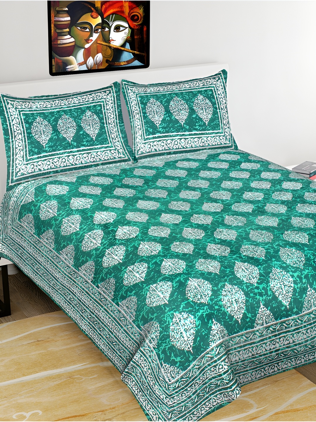 

POORAK Green & White Ethnic Motifs 104 TC Cotton Queen Bedsheet With 2 Pillow Covers