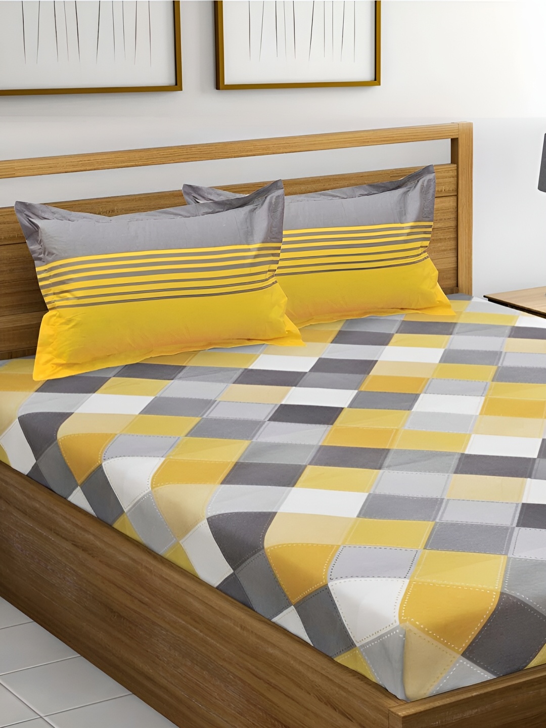 

POORAK Grey & Yellow Geometric 104 TC Cotton Queen Bedsheet With 2 Pillow Covers