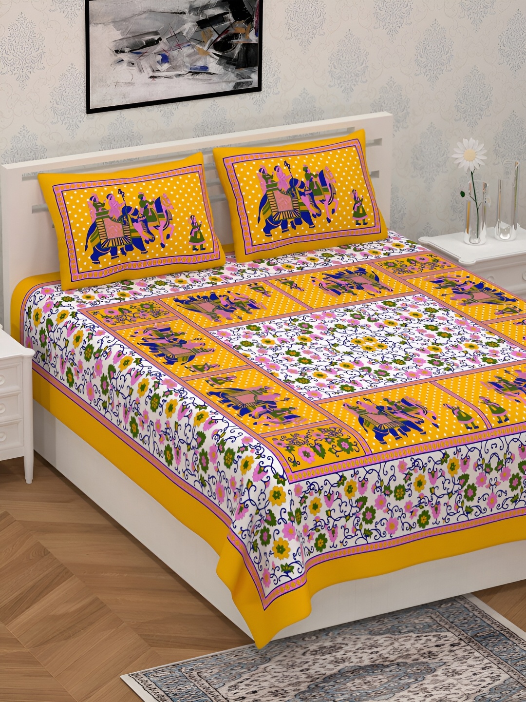 

POORAK Yellow & White Ethnic Motifs 104 TC Cotton Queen Bedsheet With 2 Pillow Covers