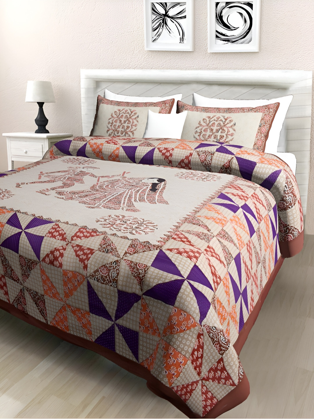 

POORAK Brown & Purple Ethnic Motifs 104 TC Cotton Queen Bedsheet With 2 Pillow Covers