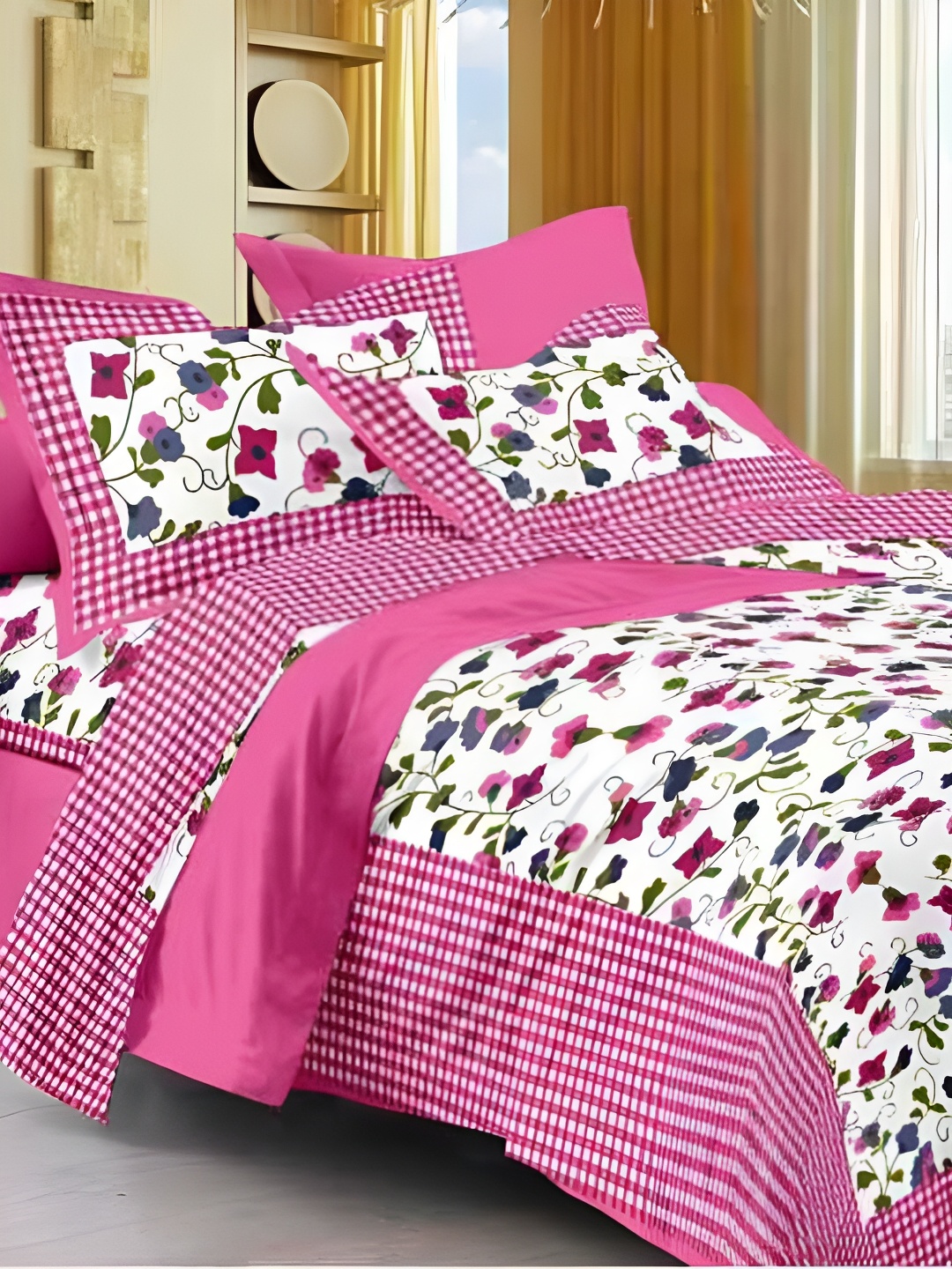 

POORAK Pink & White Floral 104 TC Cotton Queen Bedsheet With 2 Pillow Covers