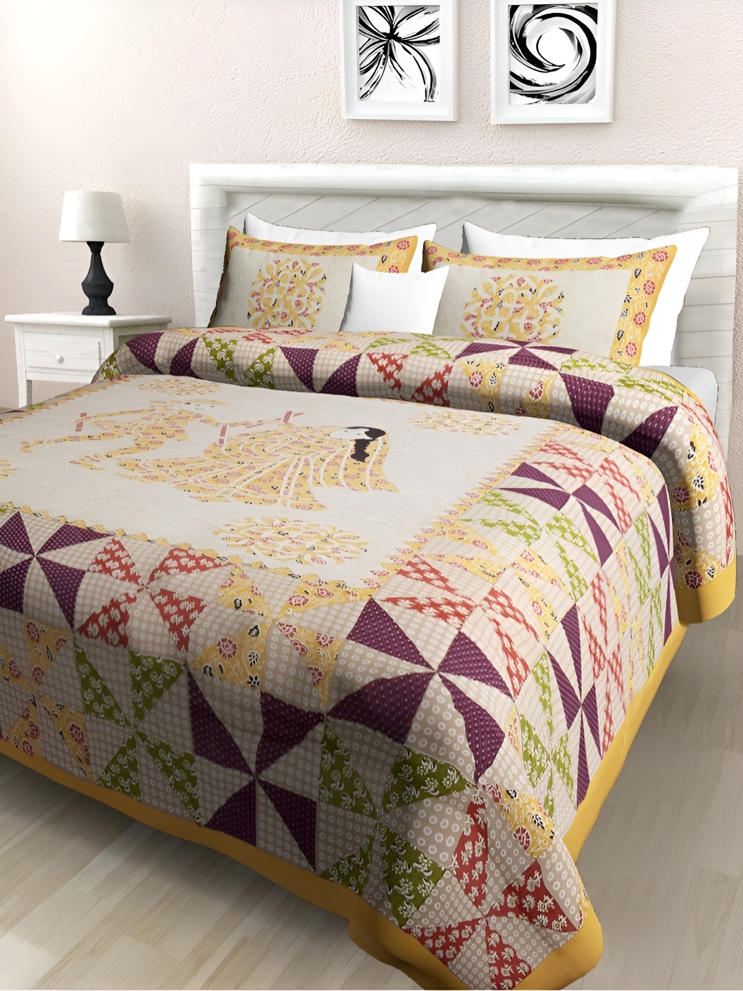

POORAK Yellow & Green Ethnic Motifs 104 TC Cotton Queen Bedsheet With 2 Pillow Covers