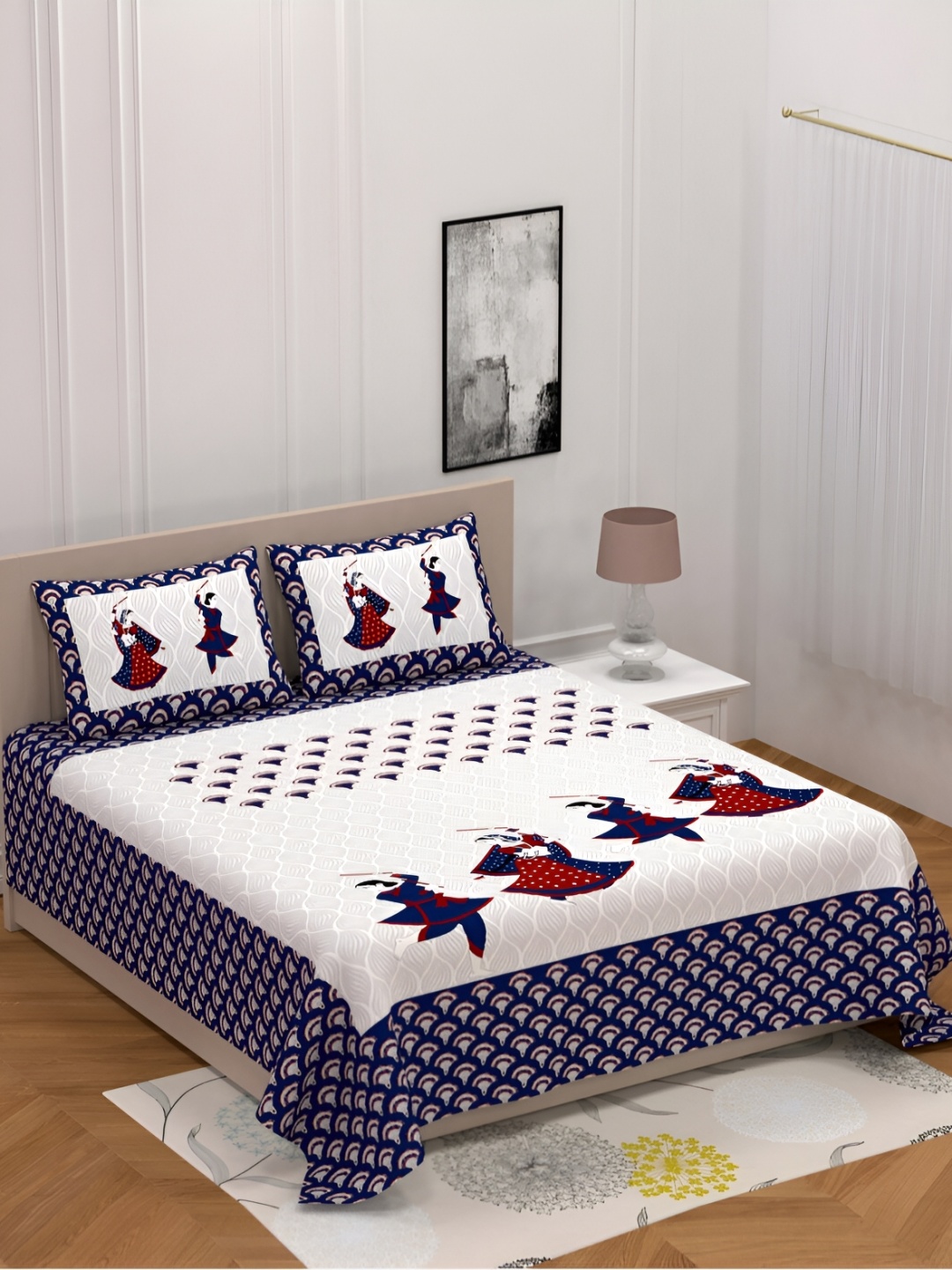 

POORAK Blue & White Ethnic Motifs 104 TC Cotton Queen Bedsheet Set