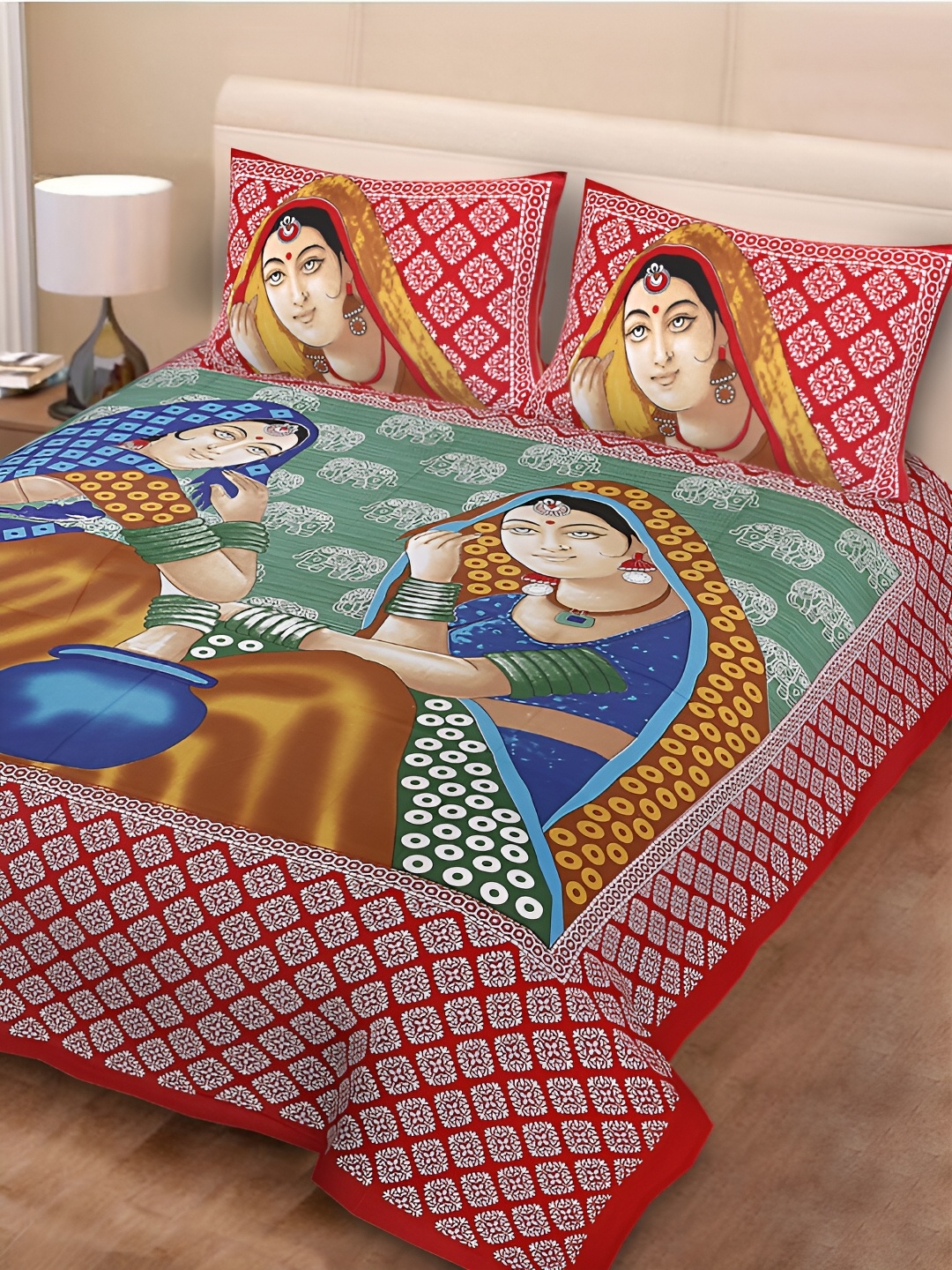 

POORAK Red & Brown Ethnic Motifs 104 TC Cotton Queen Bedsheet Set