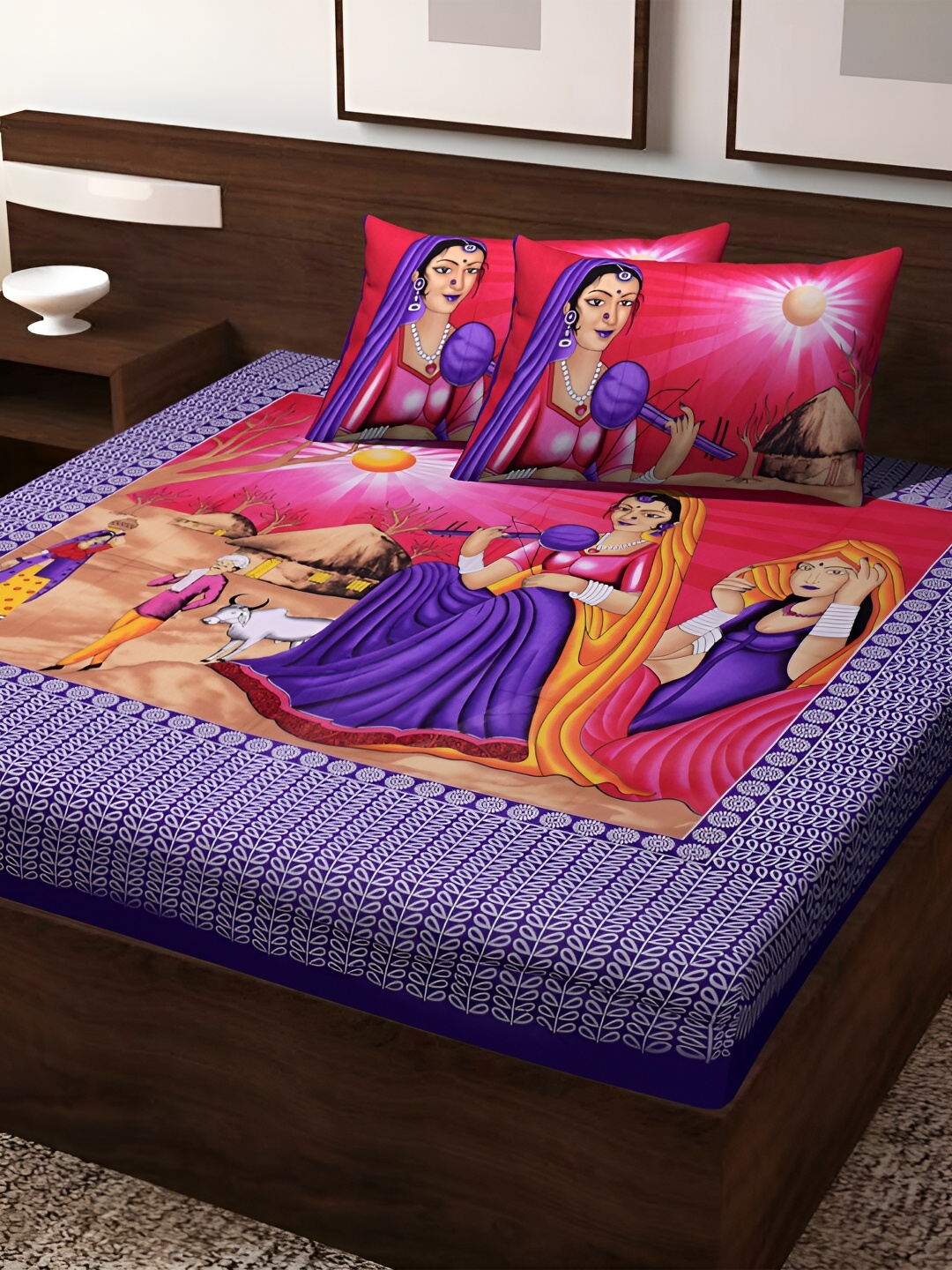 

POORAK Purple & Pink Graphic 104 TC Cotton Queen Bedsheet Set