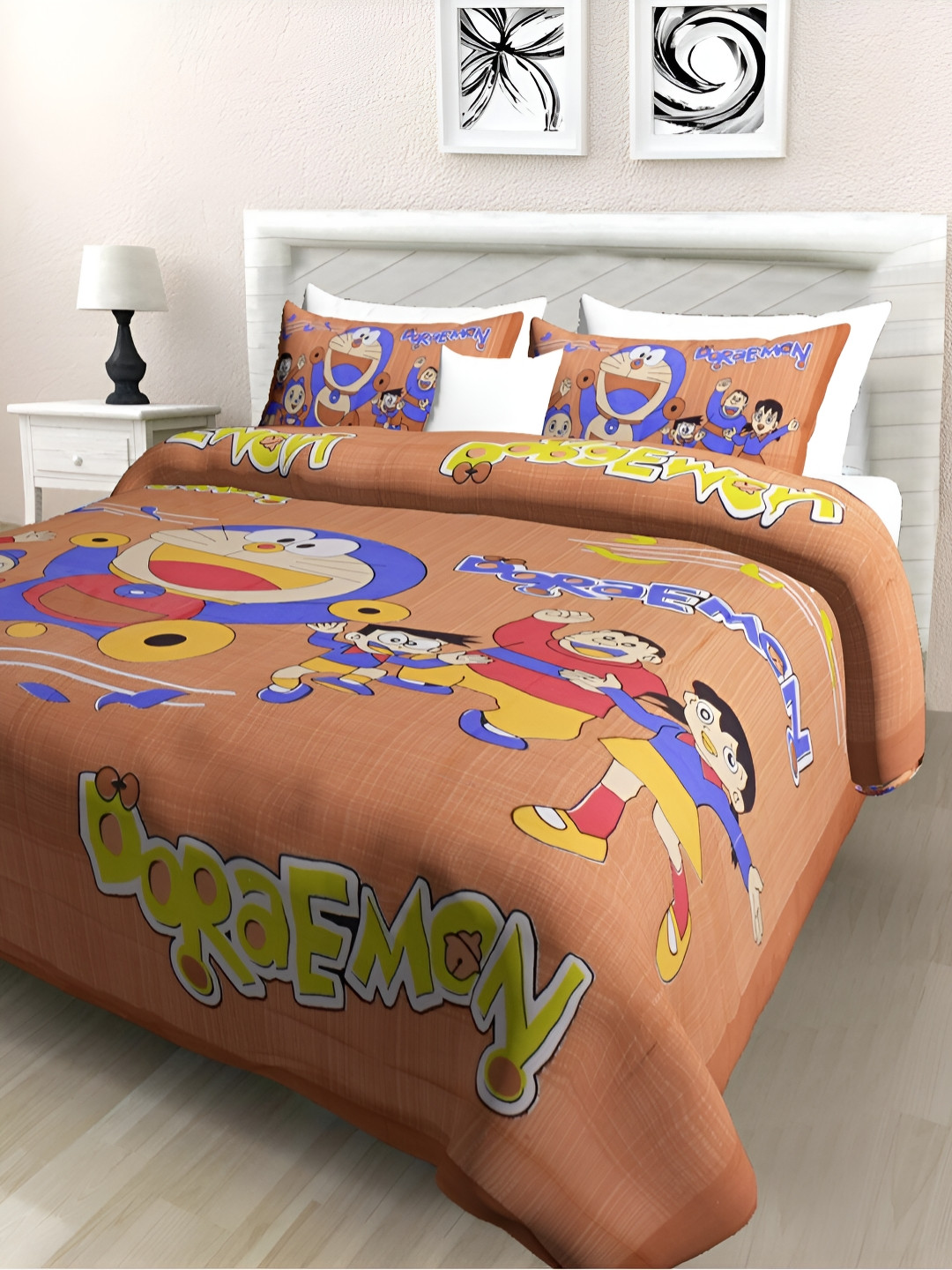 

POORAK Orange & Blue Cartoon Characters 104 TC Cotton Queen Bedsheet Set