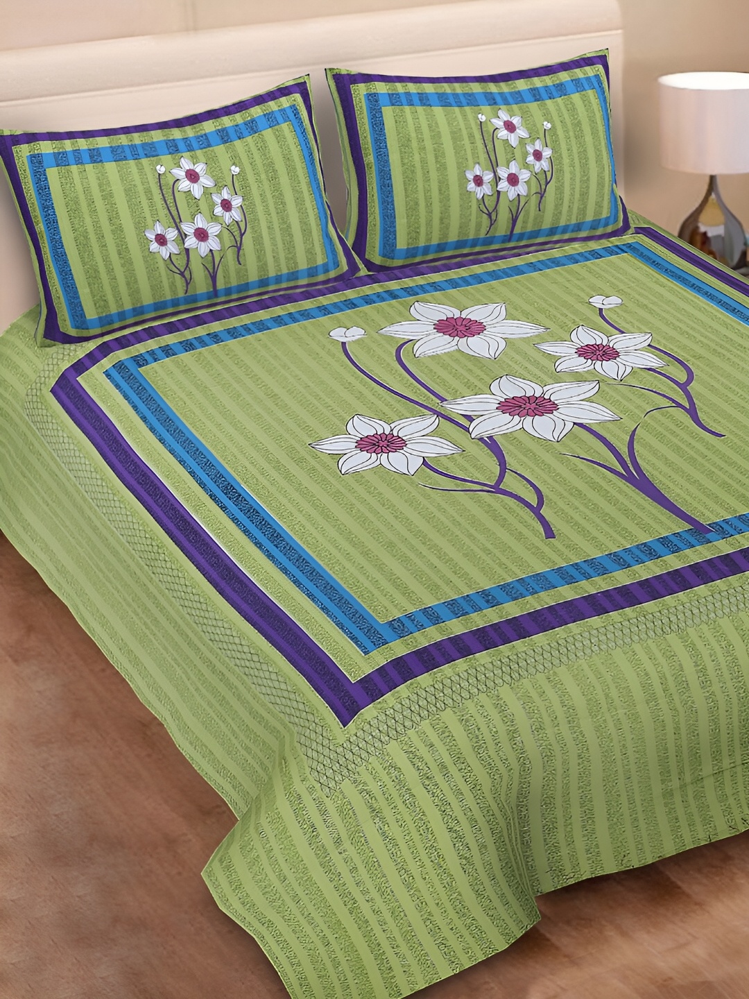

POORAK Green & Blue Floral 104 TC Cotton Queen Bedsheet Set