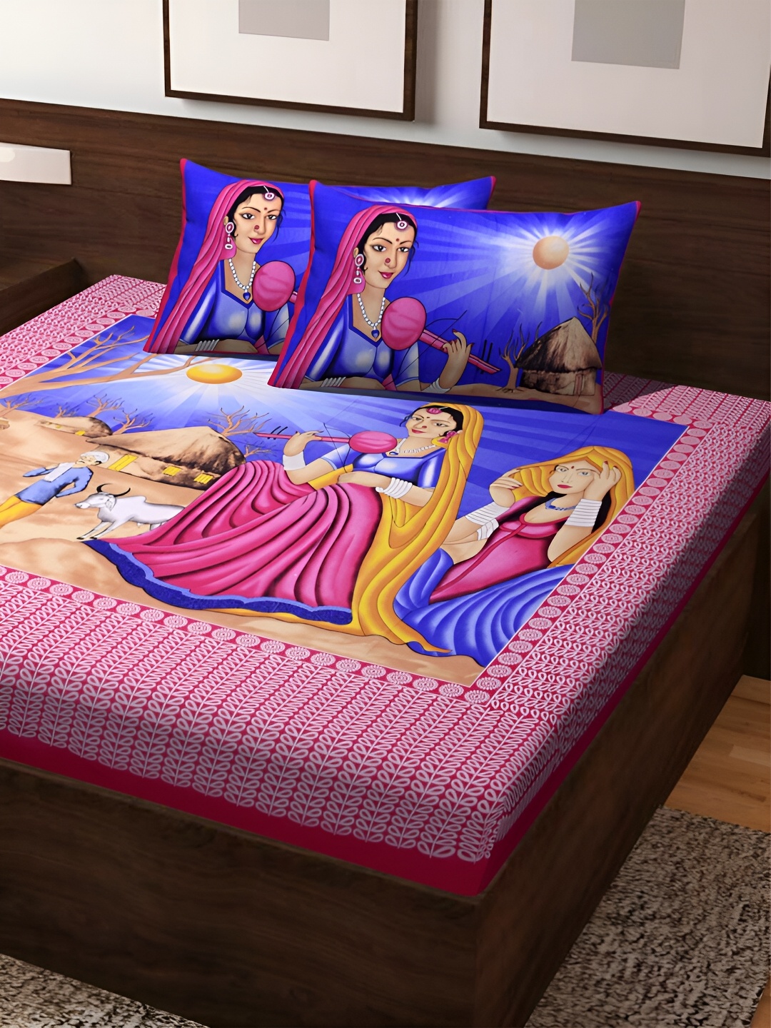 

POORAK Pink & Blue Graphic 104 TC Cotton Queen Bedsheet Set