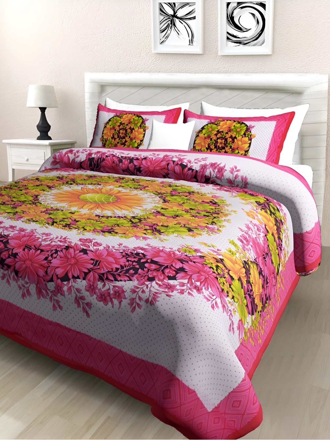 

POORAK Pink & Orange Floral 104 TC Cotton Queen Bedsheet Set