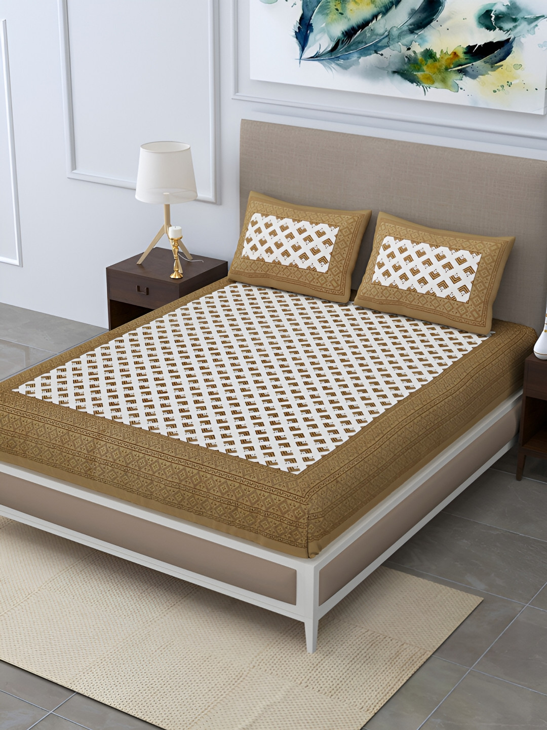 

POORAK Brown & White Ethnic Motifs 104 TC Cotton Queen Bedsheet Set