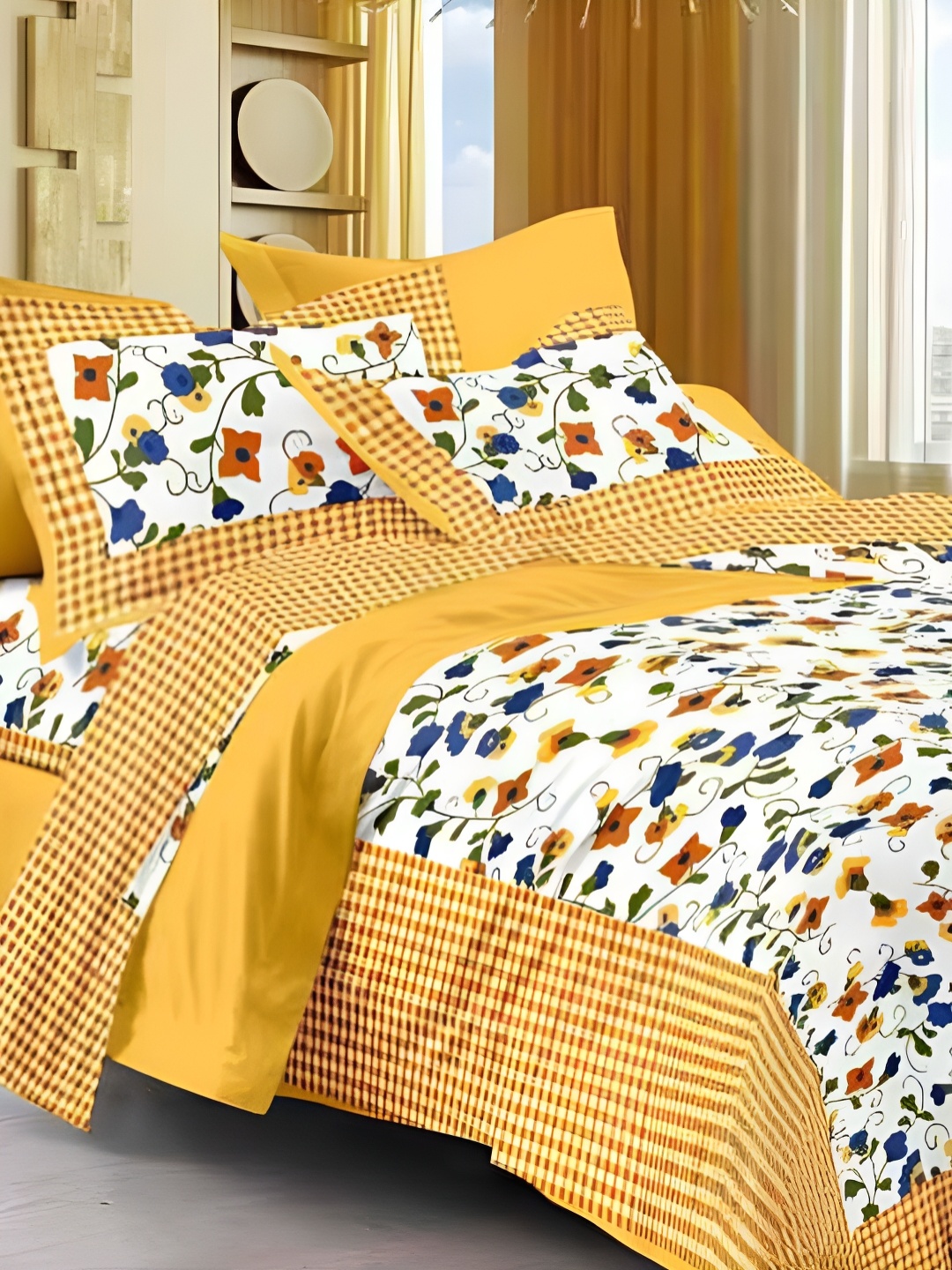 

POORAK Yellow & White Floral 104 TC Cotton Queen Bedsheet Set
