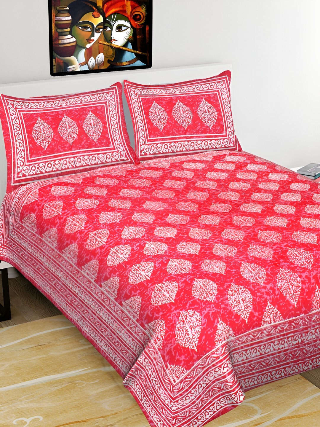 

POORAK Pink & White Ethnic Motifs 104 TC Cotton Queen Bedsheet Set