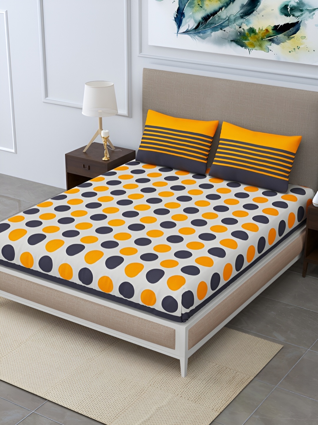 

POORAK Yellow & Black Geometric 104 TC Cotton Queen Bedsheet Set