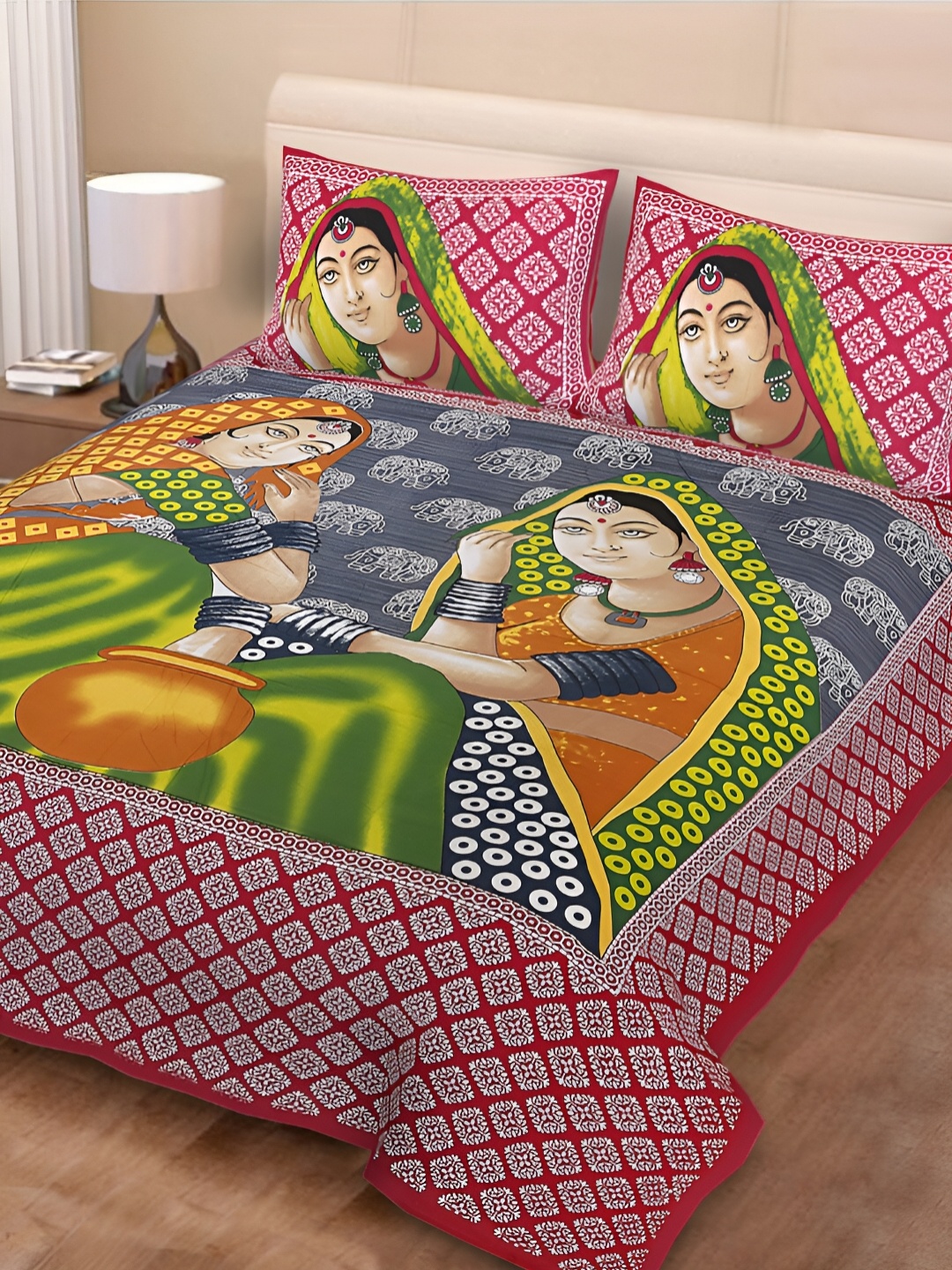 

POORAK Red & Grey Ethnic Motifs 104 TC Cotton Queen Bedsheet Set